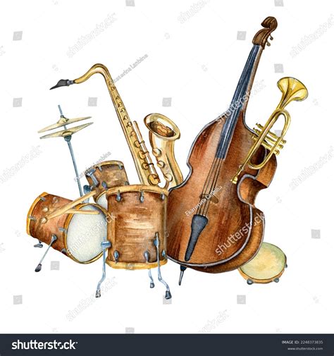 Composition Drum Kit Saxophone Contrabass Musical Stock Illustration