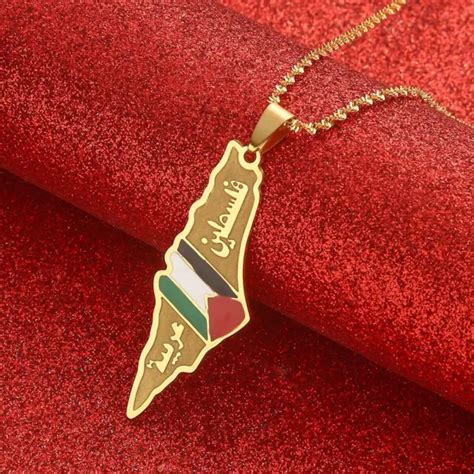 Stainless Steel Palestine Map Palestinian Flag Arabic Writing Pendant