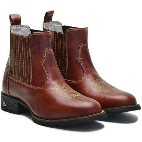 Botina Bota Texana Country Masculina Bico Redondo Couro Bovino Cano