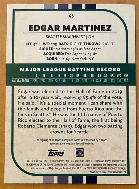 2021 Topps Archives Snapshots Baseball Edgar Martinez 46 On Card Auto