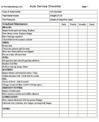 printable auto service  maintenance checklist auto service