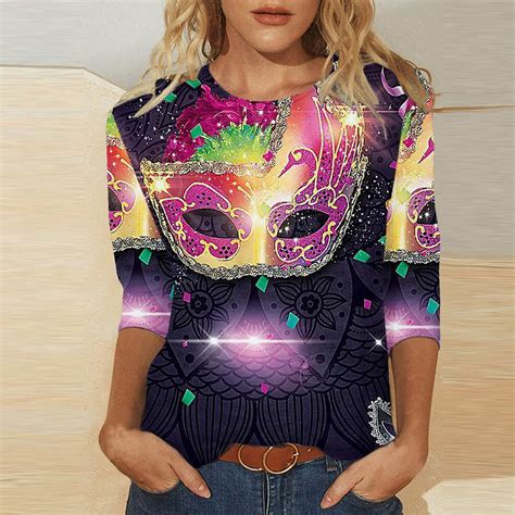 TQWQT Womens Mardi Gras Tops 3 4 Sleeve Crewneck Cute Shirts Casual