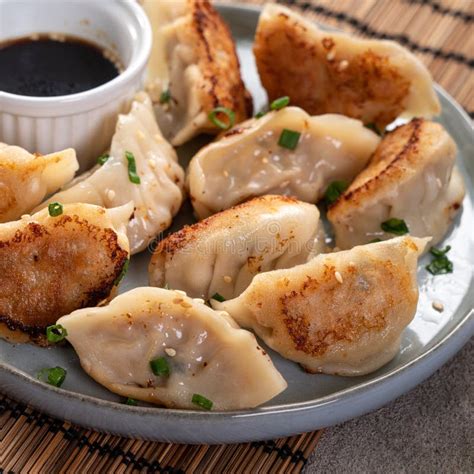 Pan Fried Gyoza Dumpling Jiaozi In A Plate With Soy Sauce On Gray Table