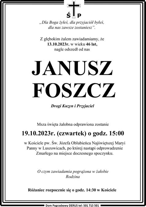 Śp Janusz Foszcz A W Derus Usługi Pogrzebowe Tarnów