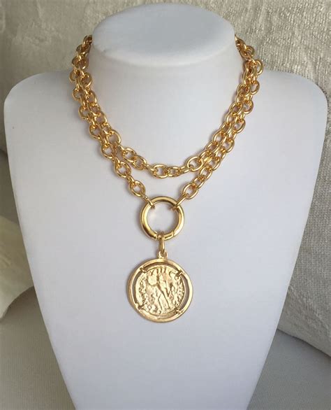 Chunky Gold Necklace Gold Coin Necklace Large Coin Necklace Etsy