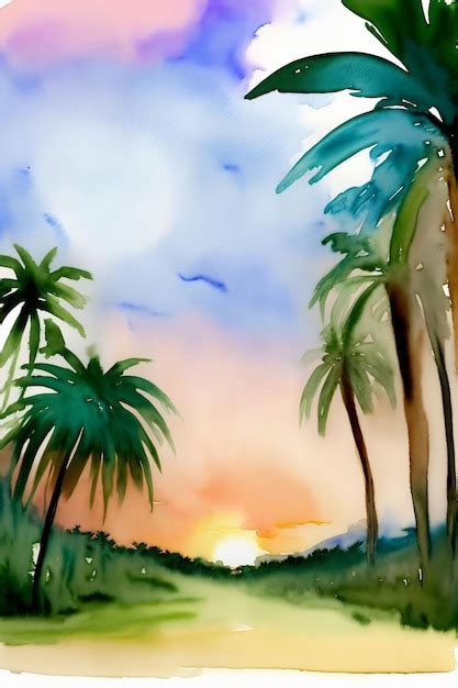 Premium AI Image | A Painting Of A Sunset With Palm Trees