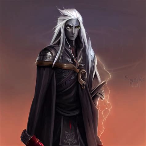 Male Dark Elf Drow Mage White Hair Obsidian Coloured Midjourney