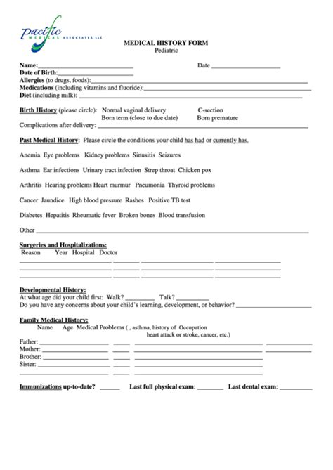 Pediatric Medical History Form Printable