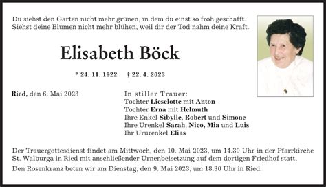 Traueranzeigen Von Elisabeth B Ck Augsburger Allgemeine Zeitung