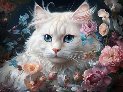 Premium Ai Image Cute White Cat Blue Eyes And Flowers