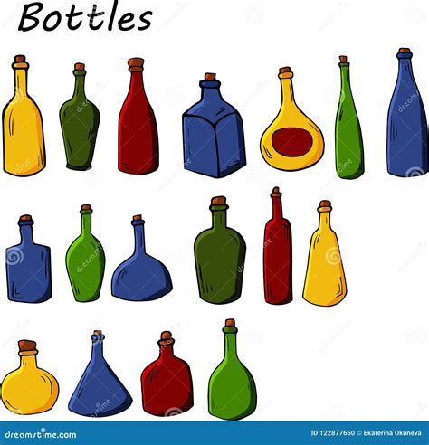 Set Of Bottles In Cartoon Style Hand Drawn Illustration Isolated On