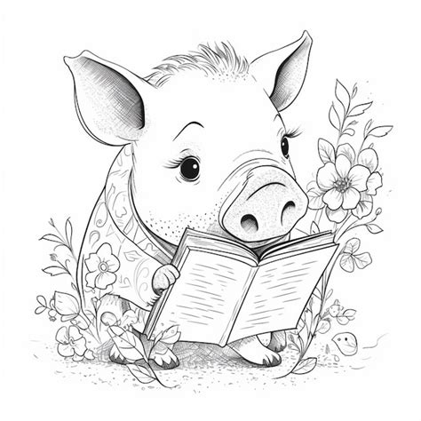 Un Dibujo En Blanco Y Negro De Un Cerdo Leyendo Un Libro Generativo Ai