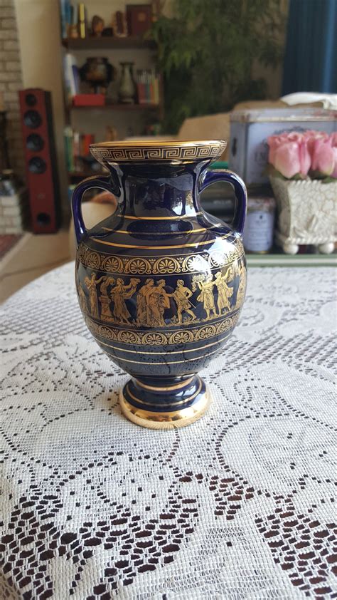 Urn Vase Hand Made In Greece 24k Gold Trim Double Handle Etsy Urn