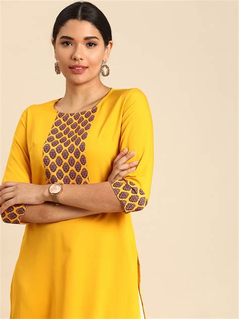 Anouk By Myntra Women Indian Kurta Cotton Yellow Ethnic Motifs