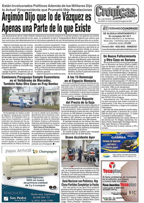 Diario Crónicas de Mercedes Soriano Uruguay TAPA DEL 30 AGOSTO 2020