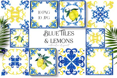 Watercolor Tiles Blue Tiles And Lemons Watercolor Italian Etsy