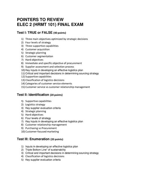 Pointers To Review For Final Exam ELEC 2 HRMT 101 Business