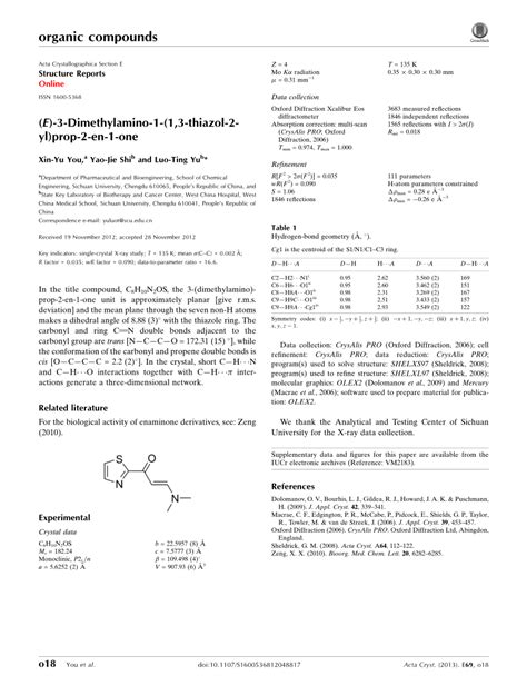 PDF E 3 Dimethylamino 1 1 3 Thiazol 2 Yl Prop 2 En 1 One