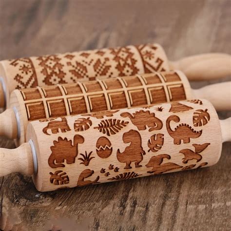 Arjmide Grid Dinosaur Rolling Pin For Baking Deep Engraved Wooden