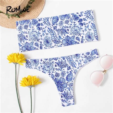 Romwe Sport Flower Print Bandeau Bikini Set Summer Female Sexy