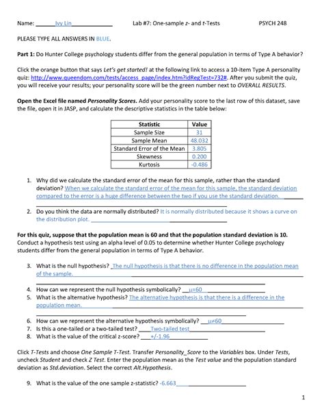 Lab 7 Worksheet Lab 7 1 Name Ivy Lin Lab 7 One Sample Z And T Tests Psych 248 Please