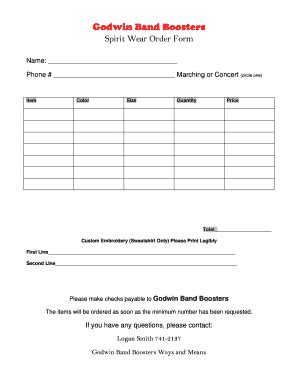 Fillable Online Godwinband Spirit Wear Order Form Godwinband Org Fax