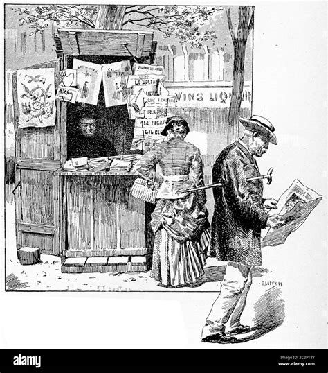 Newspaper seller in a suburb of Paris, vintage engraved illustration ...