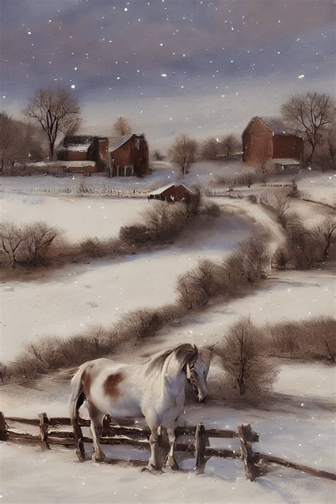 Vintage Snowy Country Farm Landscape Scene with Horses · Creative Fabrica