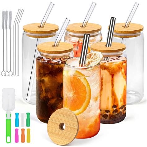 Buy Can Glass With Bamboo Lids And Glass Straws 6 Pack 16oz Drinking