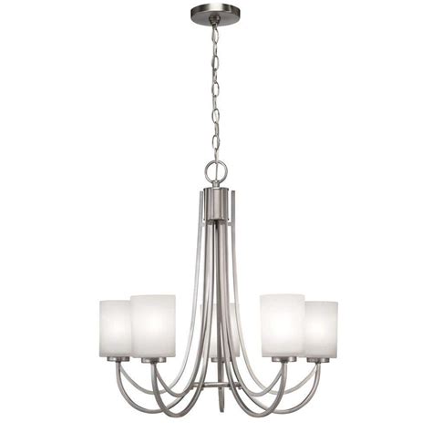 Hampton Bay 5 Light Brushed Nickel White Shade Ceiling Chandelier 89544