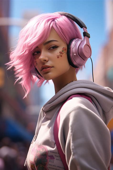 A Woman With Pink Hair Wearing Headphones