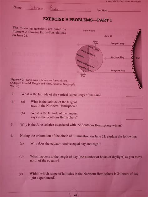 Solved Exercise 9 Earth Sun Relations Name Shreena Rana