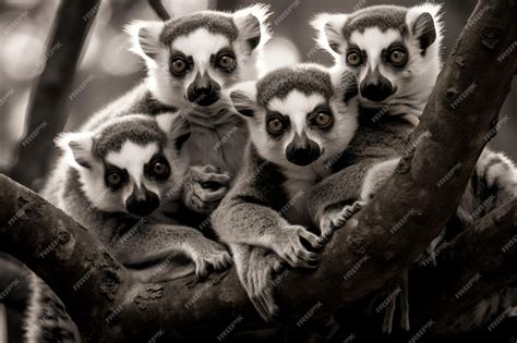 Premium Ai Image A Group Of Lemurs Sitting On A Tree Branch