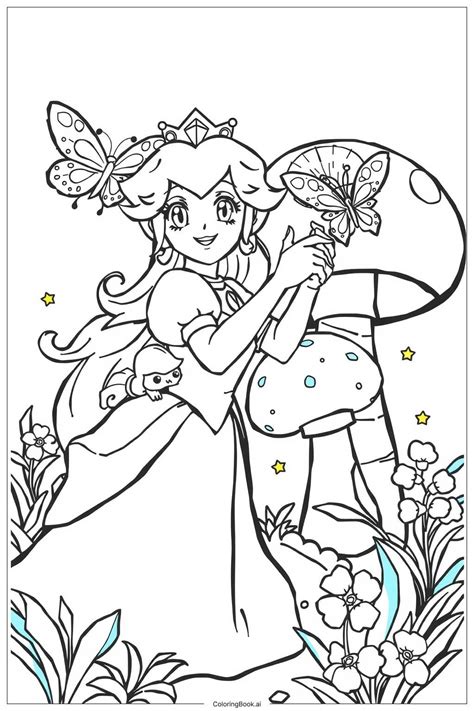 Página para colorear La Princesa Peach explorando un bosque mágico