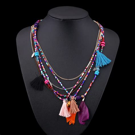 Womens Boho Ethnic Style Feathers Tassels Beads Multi Layer Chain