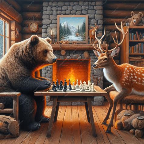 Premium Photo | A a bear and a deer playing chess in a cozy cabin in