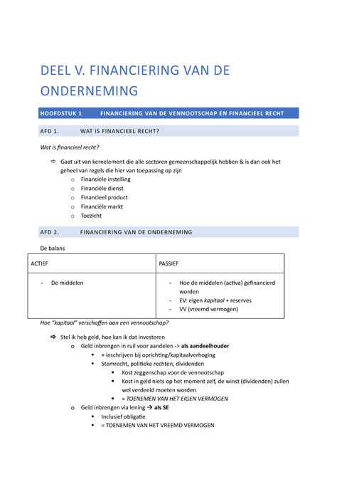 Financieel Recht DEEL V FINANCIERING VAN DE ONDERNEMING HOOFDSTUK 1