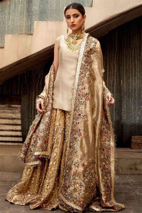 Metallic Gold Embellished Tissue Gharara Paired With A Plain Long Shirt