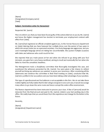 Termination Letter For Harassment Download Letter Sample