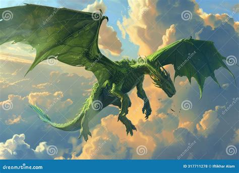 An Awe-inspiring Green Dragon Gracefully Soars through a Sky Filled ...