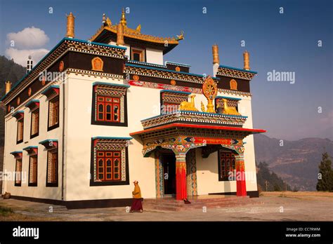 India Arunachal Pradesh Dirang Newly Built Buddhist Gompa Doorway At