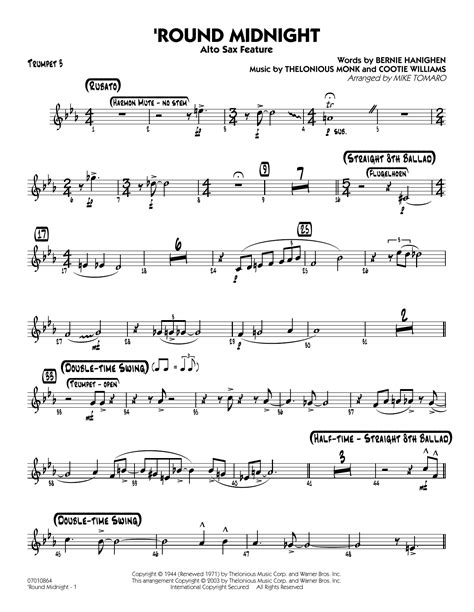 Round Midnight Arr Mike Tomaro Trumpet 3 Sheet Music Thelonious