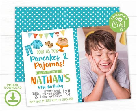 Pancakes And Pajamas Birthday Invitation With Photo Editable Invite