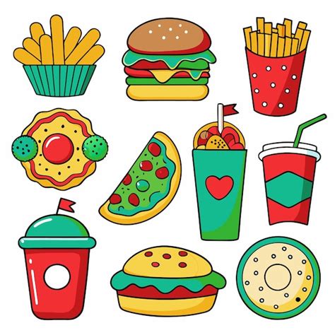 Colorful Cartoon Fast Food Icons With Burger Fries Pizza Donut And