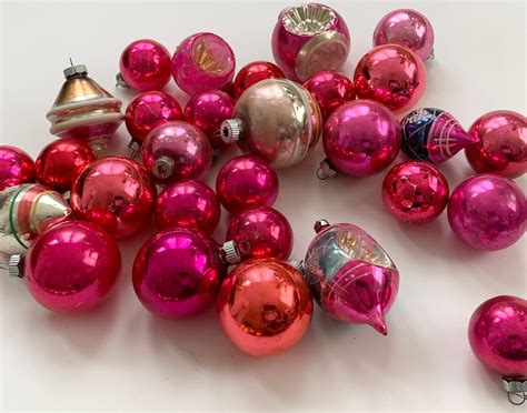 Vintage Pink Glass Ornaments Mixed Lot Of 29 Magenta Silver Tone Christmas Tree Decor Shiny