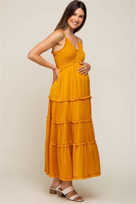 Yellow Gold Smocked Ruffle Tiered Maternity Maxi Dress Pinkblush