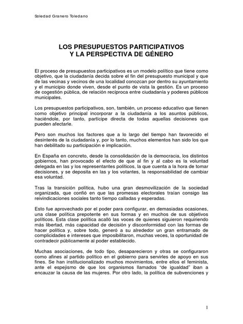 Los Presupuestos Participativos Y La Perspectiva De GÉnero Soledad