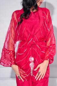 Buy Red Dupion Silk Embroidered Sequin Poncho Sheer Embellished Pant