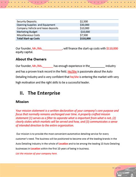 Auto Detailing Business Plan Template Sample Page Honest Business Plans