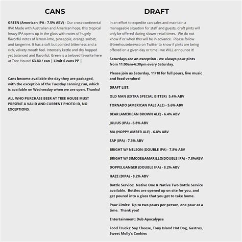 Tree House Brewing Co Draft List And Bottle List For Saturday 11 18